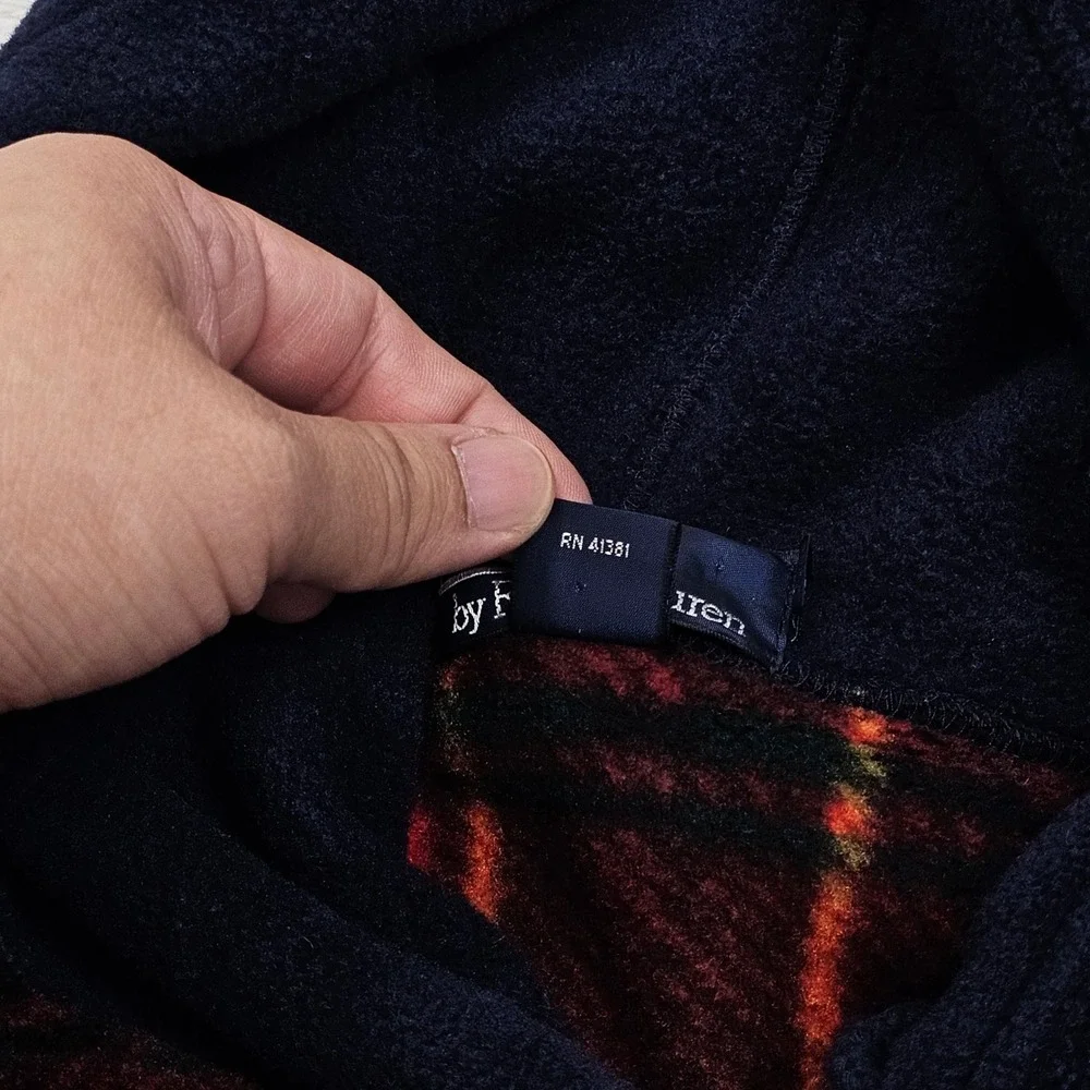 Polo Ralph Lauren Fleece Hoodie Mens XL‎ Red Navy Plaid Side Zip Vintage 90s USA